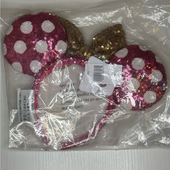 Hot Pink And Gold Minnie Mouse Polka Dot Sequined Ears - Picture 4 of 5